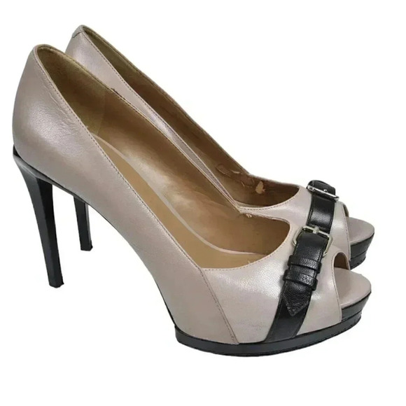 Nine West  Leather Platform Pump Stiletto Heel Open Toe Beige Tan Black Size 8 - Picture 2 of 10